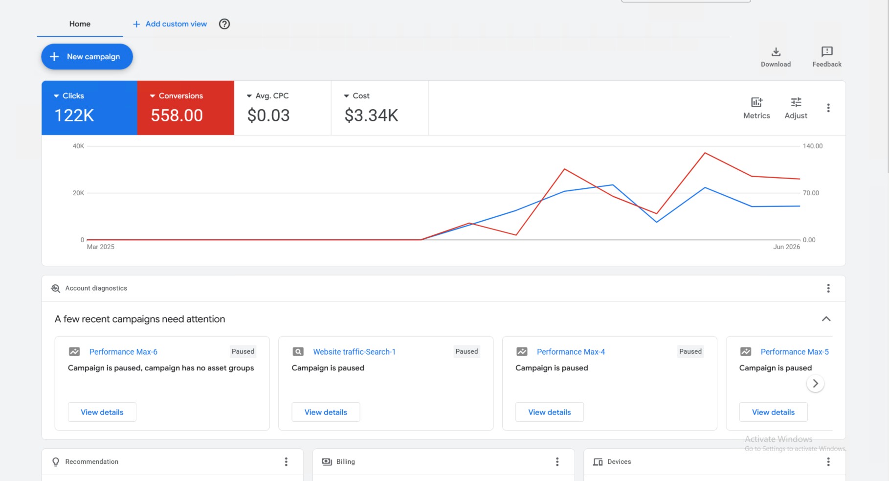Google Ads campaign spend and ROAS screenshot showing verified client analytics